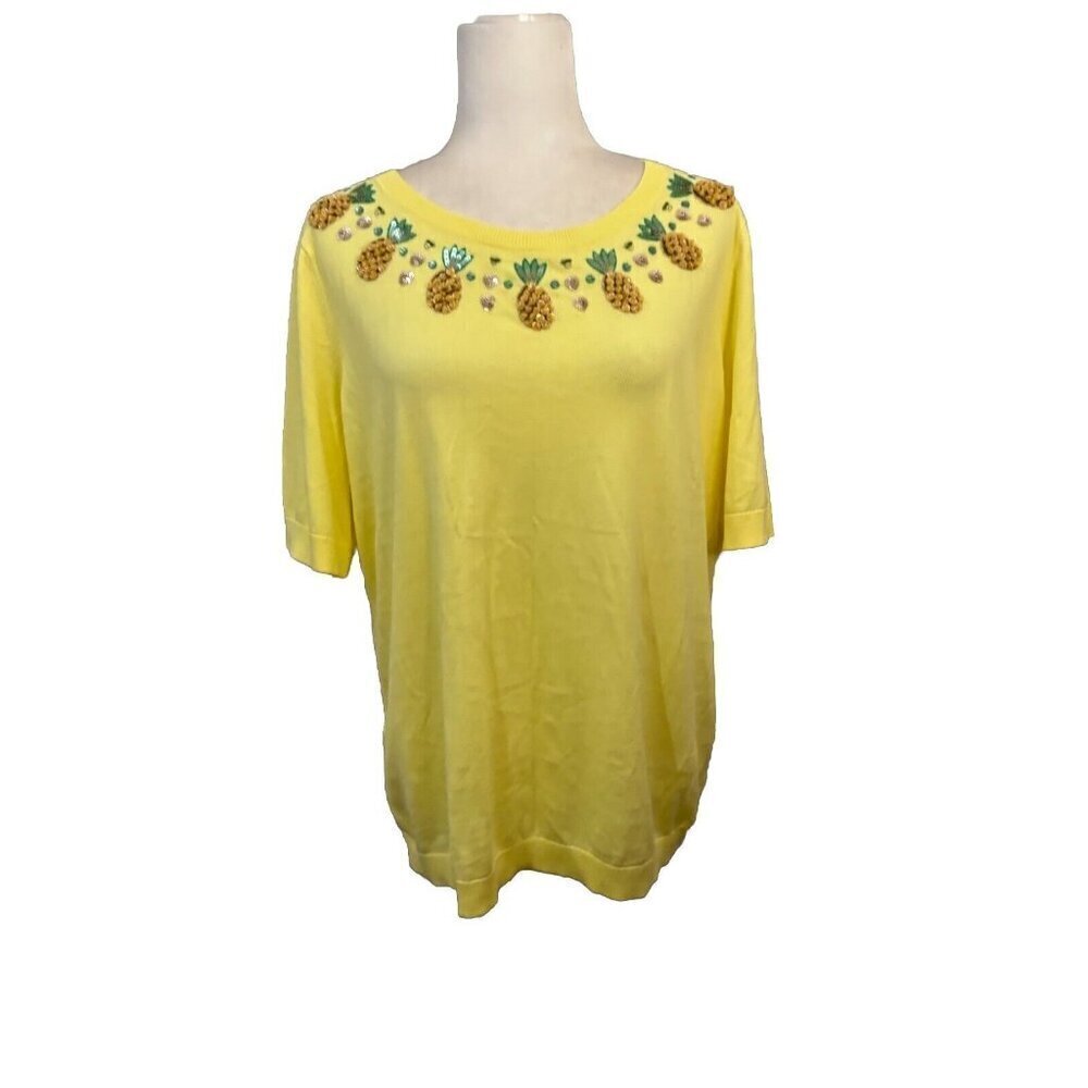 Talbots Pineapple Sequins Short Sleeve Sweater Light Weight Women 1X